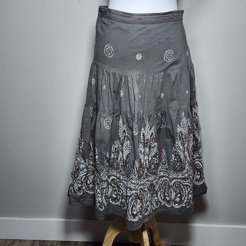 Tiered Midi Skirt Small Gray Paisley Sequin Bohemian Peasant Hippie Earthy Chic